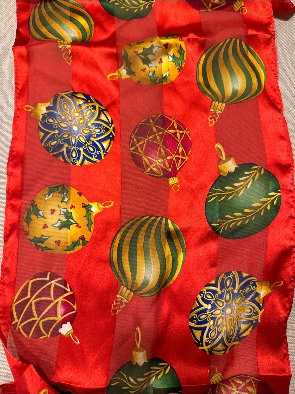 ECHO 100% Silk Christmas Ornament Oblong Scarf Red Gold Holly Vintage